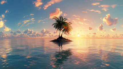 Poster - Tropical island with a palm tree at sunset. HDRI, environment map , Round panorama, spherical panorama, equidistant projection, panorama 360, seascape, 3d rendering.