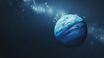 A beautiful blue planet showcased in outer space, surrounded by ice debris and cosmic elements, highlighting the mysteries and beauty of the universe.