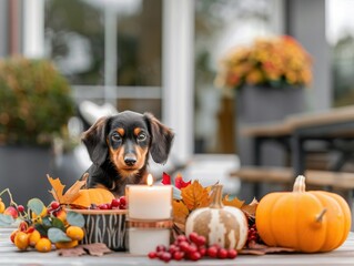 Wall Mural - Dachshund Pup Poses With Fall Decor on a Deck