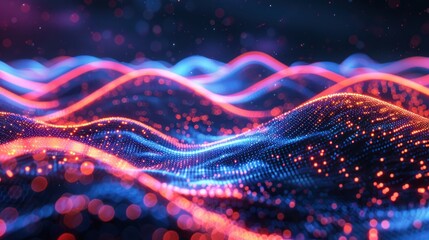 Poster - abstract red and blue digital waves flow and pulse across a dark background