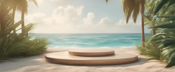 3d render tropical beach background with podium for product display summer concept with ocean and pa