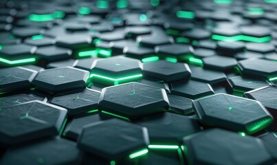 Poster - close-up of a textured, dark gray surface with hexagon-shaped patterns, lit by green neon lines