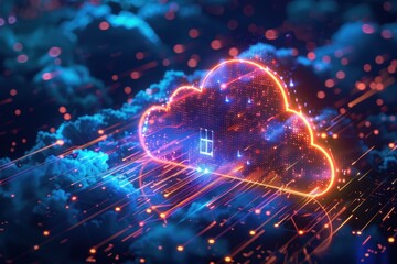 Poster - A cloud shaped digital network with a glowing orange outline, house icon, and blue and orange lights