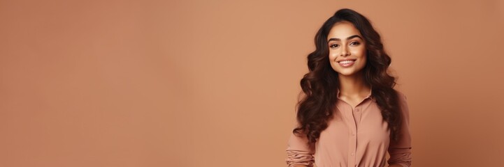 A beautiful latina woman standing against a beige background with empty copy space for text and advertising, ai generated