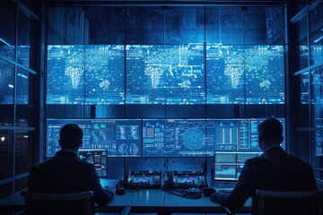 Poster - Two men sit at a desk in a cybersecurity command center, focused on monitoring the digital world