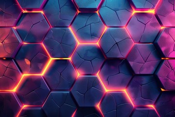 Poster - a close-up of a repeating pattern of cracked, textured hexagons with glowing edges in purple and red