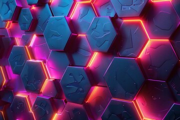 Poster - a close-up shot of a wall made of blue hexagonal tiles with glowing orange and pink lights between t