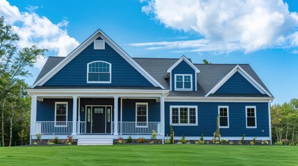 Suburban Cape Cod home with a freshly painted blue exterior, complementing the clear blue sky