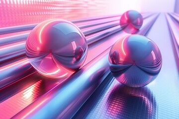 Poster - three reflective spheres roll down silver rails under a neon light