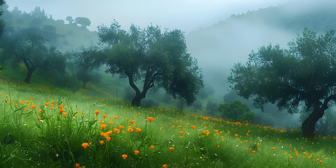 Poster - Fields with trees in fog