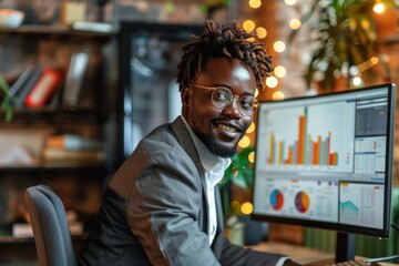 Poster - A businessman with dreadlocks smiles as he sits at his desk, working on his computer, which displays charts and graphs