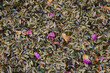 © efoArt - Overhead view of dried tea herbs (lavender blossoms, fennel seeds, peppermint leaves, melissa leaves, thyme, sage) and rose petals