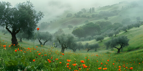 Poster - Fields with trees in fog