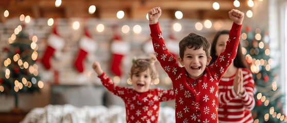 Joyful children in matching red Christmas pajamas celebrate the holiday season with festive decorations, lights, and stockings in the background.