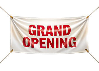 a white banner with red text that reads grand opening hangs from two strings against a white backgro
