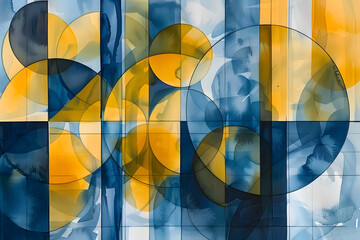 Wall Mural - abstract watercolor triptych featuring geometric shapes in vibrant yellow and cool blue fluid textures organic forms blend with precise lines modern galleryworthy composition