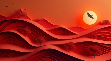 Wall Mural - Sunset Over Abstract Red Landscape