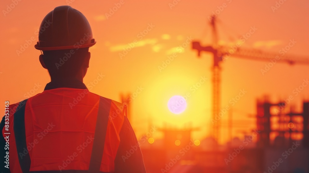 Silhouetted construction worker wearing safety gear, looking at a sunset over a construction site with cranes in the background.