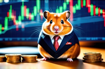 Hamster wearing suit on background of trading charts of stock exchange with coins