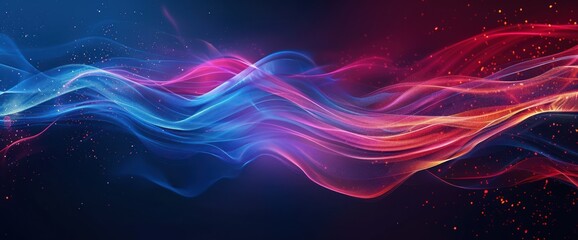 Poster - Wavy lines of blue and red glow on a dark background with glittering particles