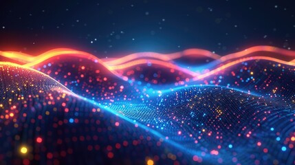 Poster - wavy lines of red and blue light traverse a digital landscape of glowing particles