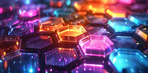 Poster - close-up of colorful hexagonal shapes with glowing lights