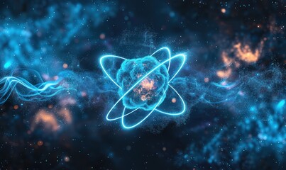 Poster - an atom with glowing blue rings is depicted against a cosmic background filled with swirling nebulae
