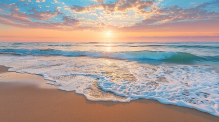 A serene beach scene with gentle waves lapping at the shore under a vibrant sunset sky.