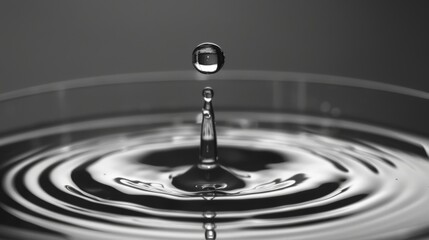 Poster - A single water droplet falling into a clear glass of water, causing a tiny splash and concentric ripples.