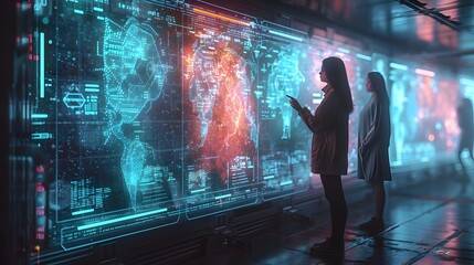 Poster - Futuristic Holographic Communication Device with People Interacting in Advanced Tech Setting
