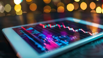 Leinwandbilder - A tablet showing a real-time stock market graph with fluctuating lines and data points.