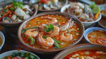 Wall Mural - A Thai seafood restaurant showcasing a variety of dishes including Tom Yum Goong, served in traditional bowls.