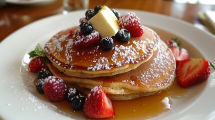 Poster - A traditional American brunch with fluffy pancakes topped with maple syrup, butter, and fresh berries.