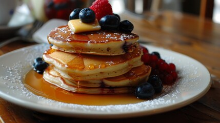 Poster - A traditional American brunch with fluffy pancakes topped with maple syrup, butter, and fresh berries.