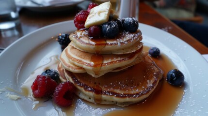 Poster - A traditional American brunch with fluffy pancakes topped with maple syrup, butter, and fresh berries.