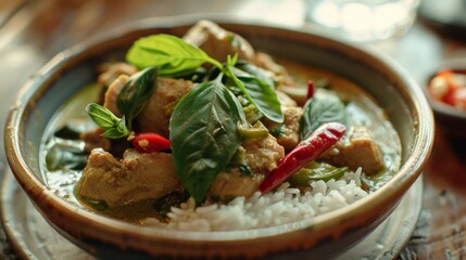 Wall Mural - A traditional Thai green curry served in a ceramic bowl with jasmine rice, garnished with basil leaves.