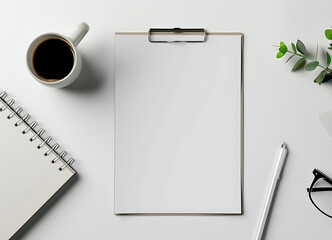 Clipboard tablet pad with blank sheet paper on the office table. With pen, plant, notebook and coffee. Suitable for mockups. AI generated