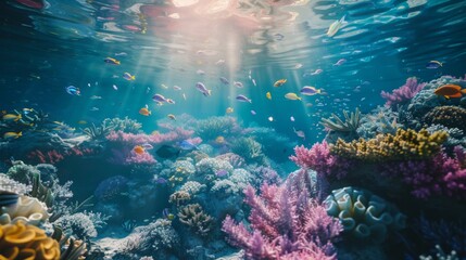Poster - A underwater shot of a coral reef teeming with diverse marine life, including fish of all shapes and sizes.