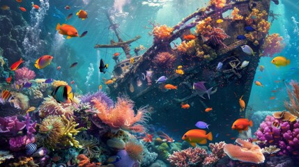 Poster - A vibrant underwater scene with a variety of exotic fish swimming around a shipwreck covered in coral.