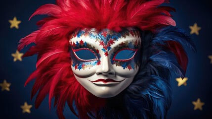 Poster - A whimsical red, white, and blue feathered mask on a dark blue to light blue gradient background  