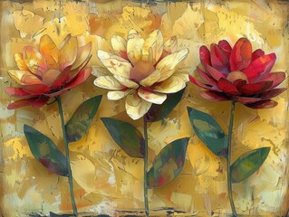 Wall Mural - Three Painted Water Lilies on a Yellow Textured Background