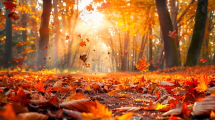 Poster - An autumn forest scene with colorful foliage and fallen leaves covering the ground.