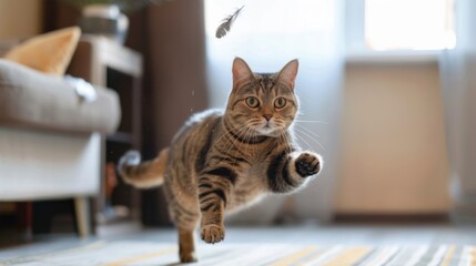 Aufkleber - An overweight cat playfully chasing a feather toy in a living room.