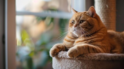 Poster - An overweight cat sitting majestically on a cat tree, surveying its kingdom.