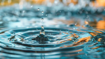 Aufkleber - Close-up of a water droplet splashing into a crystal-clear pond, creating ripples on the surface.