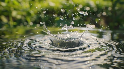 Aufkleber - Close-up of a water droplet splashing into a crystal-clear pond, creating ripples on the surface.