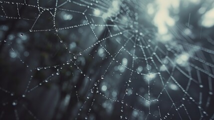 Poster - Close-up of water droplets on a spider's web in a misty forest, with intricate patterns and reflections.