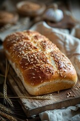 Seedtopped whole grain loaf rustic wooden board beige cloth and wheat stalks backdrop warm artisanal ambiance