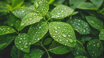 Aufkleber - Macro shot of water droplets clinging to green leaves after a refreshing rain shower in a garden.