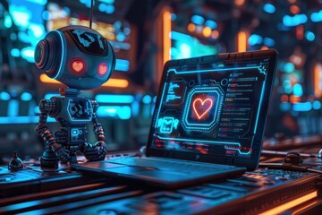 Poster - A futuristic robot stands next to a laptop displaying a glowing heart icon on a digital screen, in a glowing neon environment